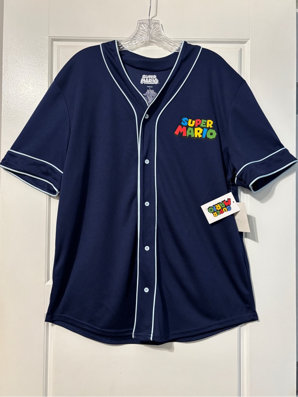Super Mario Nintendo Character Men’s Baseball Jersey Navy Blue Size Large NWT
